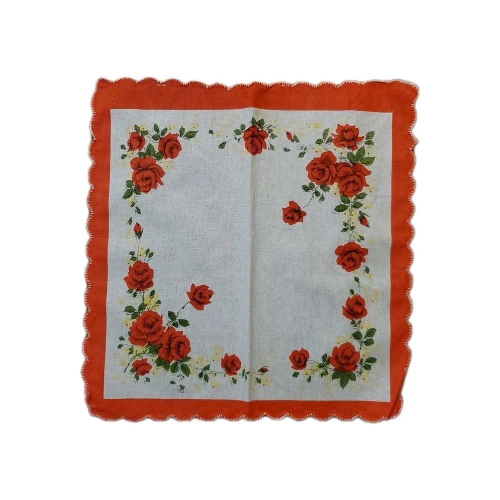 Linen Red Rose Floral Handkerchief Scalloped Cottage Core Bridesmaid Granny